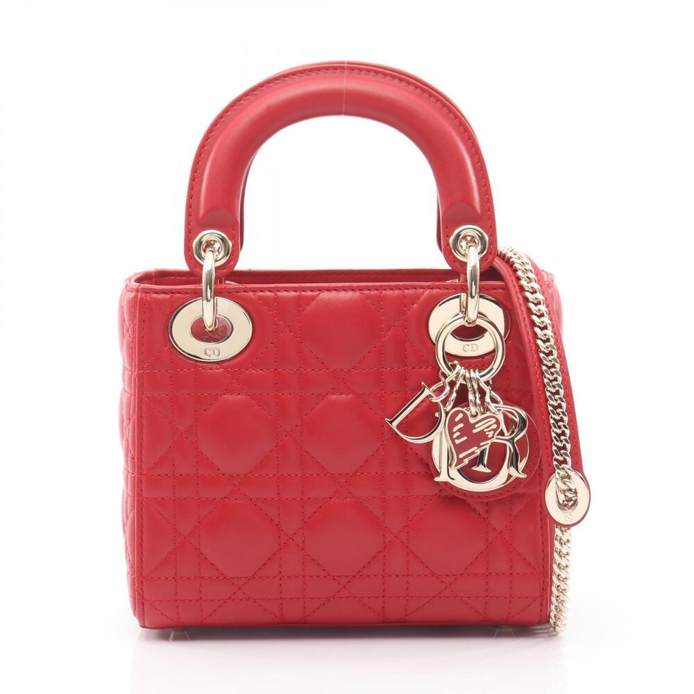 Christian Dior Lady Cannage Handbag Leather Red